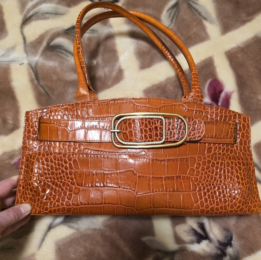 Furla  Vintage Crocodile Embossed Top Handle Orange Handbag,